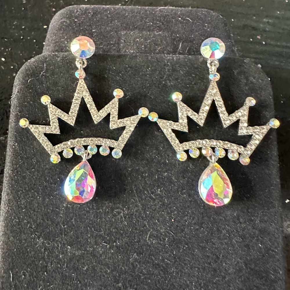 Statement Crystal AB Crown Dangle Drop Pageant Prom Wedding Bride Earrings Bling